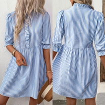 Fashion Vertical Striped Ruffle Crew Neck Elbow Sleeve Dress