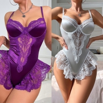 Fashion Lace Spliced Sweetheart Neckline Backless Ruffle Lingerie Bodysuit