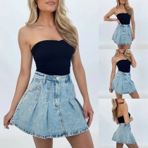 Fashion High-rise Pleated Old-washed Denim Skirt