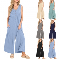Comfy Solid Color Button Square Neck Sleeveless Loose Jumpsuit