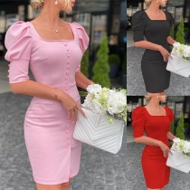 Fashion Square Neck Puff Short Sleeve Front Button Slit Bodycon Dress