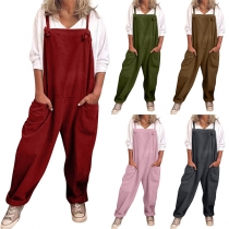 Casual Solid Color Patch Pockets Loose Suspender Jumpsuit