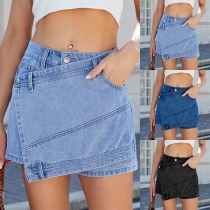 Fashion High-rise Irregular Henline Old-washed Denim Skorts