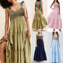Fashion Self-tie Shoulder Strap Smocked Bodice Tiered Dress