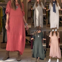 Comfy Crew Neck Side Button Slit Cotton Linen Dress