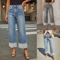 Fashion High-rise Rolled-up Straight-cut Old-washed Denim Pants