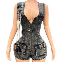 Street Fashion Front Zipper Sleeveless Patch Pockets Old-washed Denim Romper