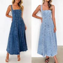 Vintage Square Neck Vertical Striped Sleeveless Frayed Hemline Old-washed Denim Dress