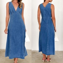 Fashion V-neck Sleeveless High-rise Old-washed Denim Dress