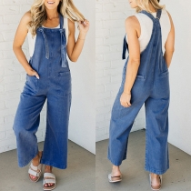 Fashion Patch Pockets Straight-cut Old-washed Denim Self-tie Suspender Jumpsuit