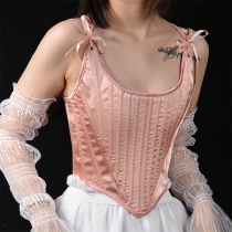 Fashion Square Neck Self-tie Shoulder Strap Back Lace-up Corset Shirt