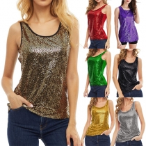 Fashion Bling-bling Sequin Crew Neck Sleeveless Tank Top