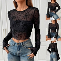 Fashion Spider Web Pattern Crew Neck Long Sleeve Semi-through Shirt