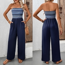 Fashion Colorful Stripe Printed Strapless Side Pockets Straight-cut Jumpsuit
