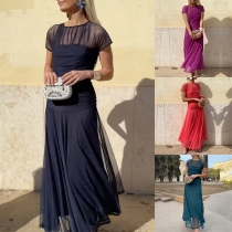 Fashion Gauze Spliced Crew Neck Short Sleeve Maxi Dress