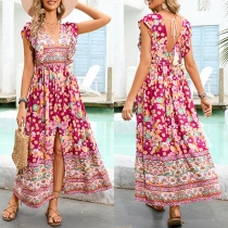 Bohemia Style Floral Printed V-neck Ruffle Sleeveless Backless Front Slit Midi Dress
