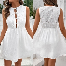 Fashion Floral Hollow Out Crew Neck Sleeveless Front Bowknot Mini Dress