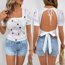 Cute Heart Pattern Hollow Out Square Neck Puff Short Sleeve Backless Shirt