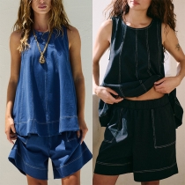 Fashion Denim Two-piece Set Consist of Sleeveless Shirt and Shorts
