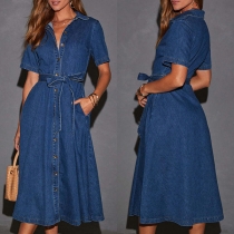 Fashion Stand Collar Short Sleeve Front Button Self-tie Denim Dress