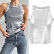 Fashion Crew Neck Sleeveless Silver Tank Top