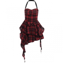 Fashion Plaid Halter Neck Sweetheart Neckline Irregular Hemline Dress