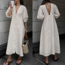 Casual and Comfy V-neck Elbow Sleeve Front Button Cotton and Linen Dress