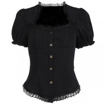 Vintage Lace Spliced Ruffle Square Neck Pleated Puff Short Sleeve Shirt