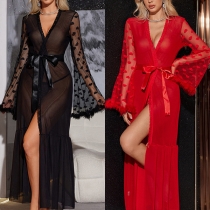Comfy Heart Printed Gauze Spliced Long Sleeve Self-tie Robe