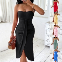 Fashion Strapless Front Slit Irregular Hemline Bodycon Party Dress