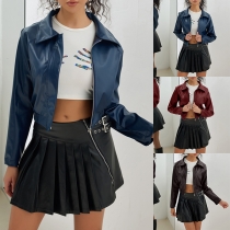 Fashion Stand Collar Long Sleeve Front Zipper Crop Jacket