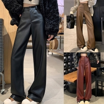 Fashion Solid Color High-rise Straight-cut Artificial Leather PU Pants