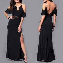 Fashion Crew Neck Front Cutout Ruffle Sleeveless Lace Spliced Backless Side Slit Maxi Party Dress