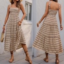 Fashion Geometric Printed Square Neck Smocked Bodice Tiered Dress