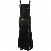 Vintage Square Neck Front Lace-up Side Drawstring Maxi Dress