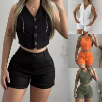 Street Fashion Hollow Out Two-piece Set Consist of Crop Vest and Shorts