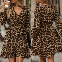 Fashion Leopard Printed V-neck Long Sleeve Self-tie Waist Mini Dress
