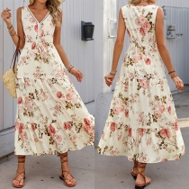 Fashion Floral Printed V-neck Sleeveless Tiered Dress