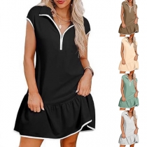 Casual Contrast Color Half-zipper Cap Sleeve Ruffle Hemline Dress