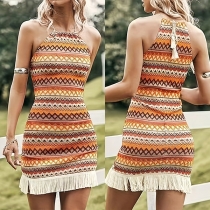 Bohemia Style Wave Printed Halter Neck Sleeveless Tassel Hemline Dress