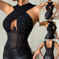 Fashion Bling-bling Rhinestone Cross Halter Neck Front Cut Out Backless Corset Bodysuit