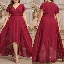 Fashion V-neck Short Sleeve Lace Spliced High-low Hemline Dress