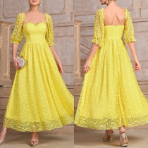Elegant Sweetheart Neckline Elbow Sleeve High-rise Yellow Lace Party Dress