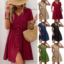 Casual V-neck Short Sleeve Front Button Mini Dress