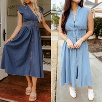 Fashion Front Zipper V-neck Sleeveless Smocked Waist Front Slit Denim Dress