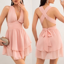 Sexy V-neck Self-tie Strappy Ruffle Chiffon Dress
