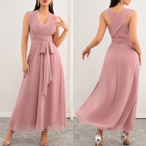 Fashion V-neck Sleeveless Self-tie Strappy Pink Dress