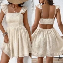 Fashion Square Neck Ruffle Sleeveless High-rise Backless Jacquard Dress