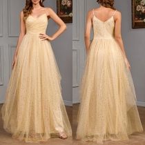 Fashion Bling-bling V-neck Gauze Spliced Maxi Party Dress
