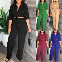 Fashion Solid Color Two-piece Set Consist of Crop Top and Straight-cut Pants with Side Pockets